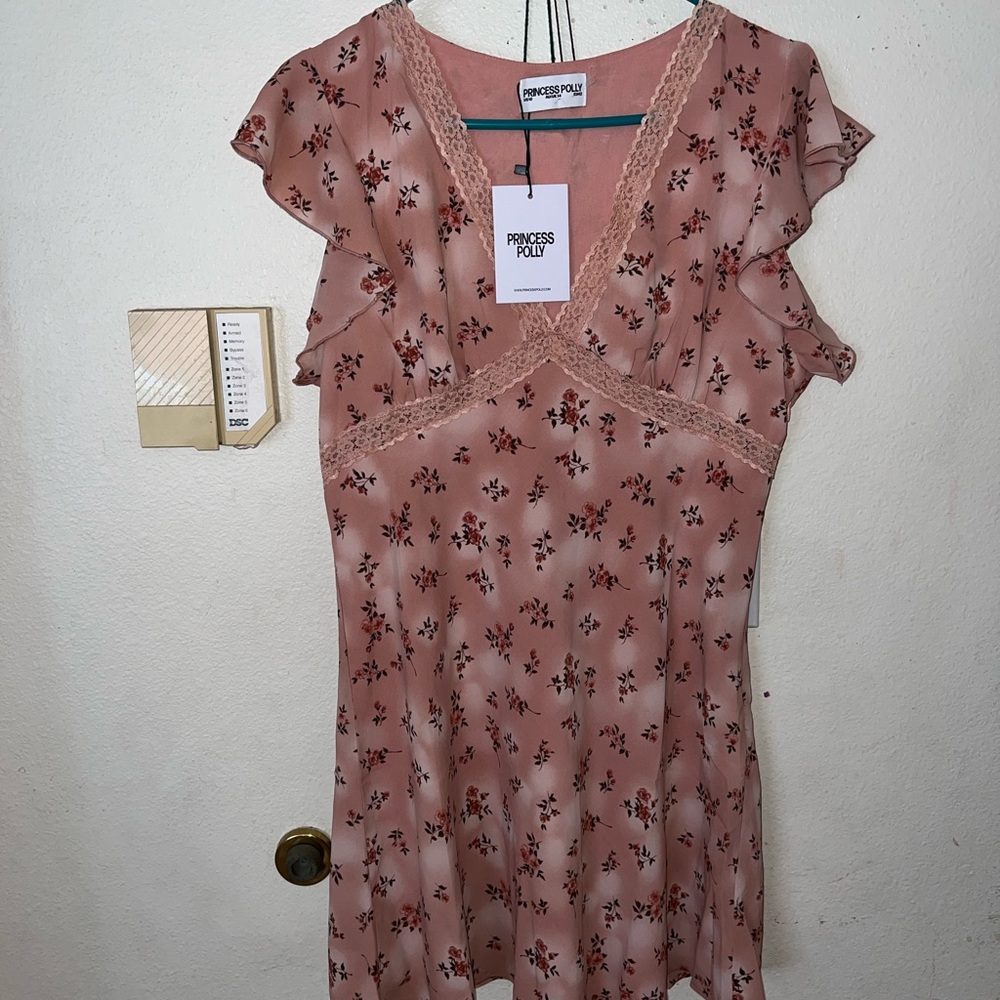 Princess Polly Rose Pink Floral Lace-Trim Mini Dress